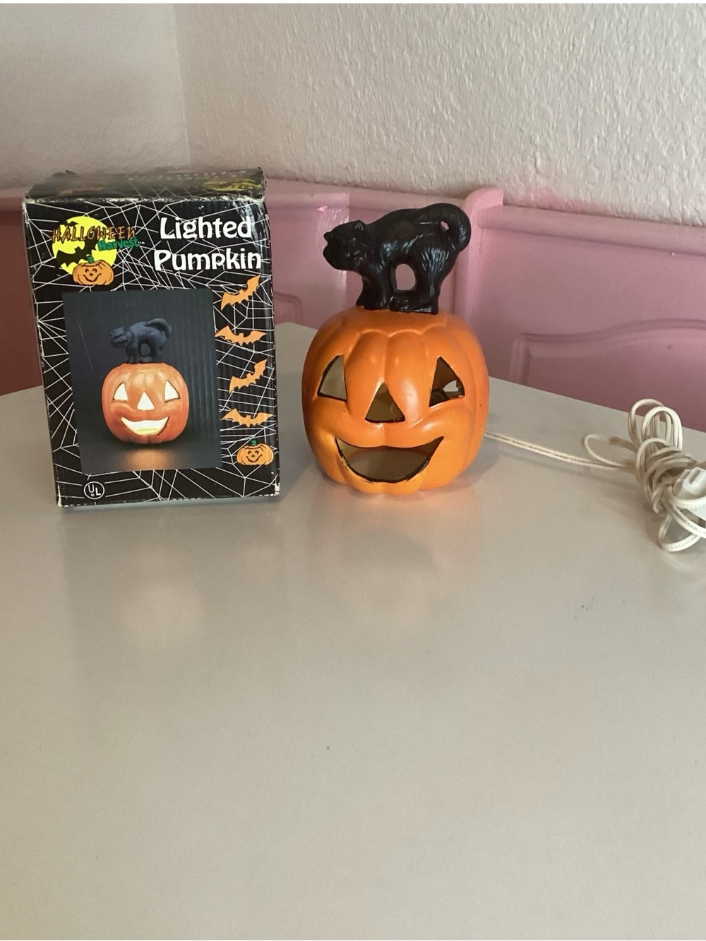 Vintage Black Cat Ceramic Halloween Light-Up Pumpkin Jack-O'-Lantern W/ Box